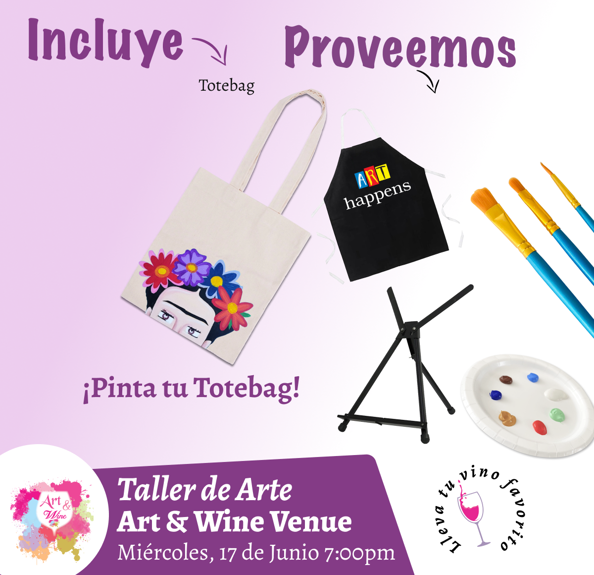 Ladies Night 💜¡Pinta tu Totebag! en Art & Wine Venue 7pm- Miércoles, 17 de Junio en San Juan. ¡Lleva tu vino favorito!