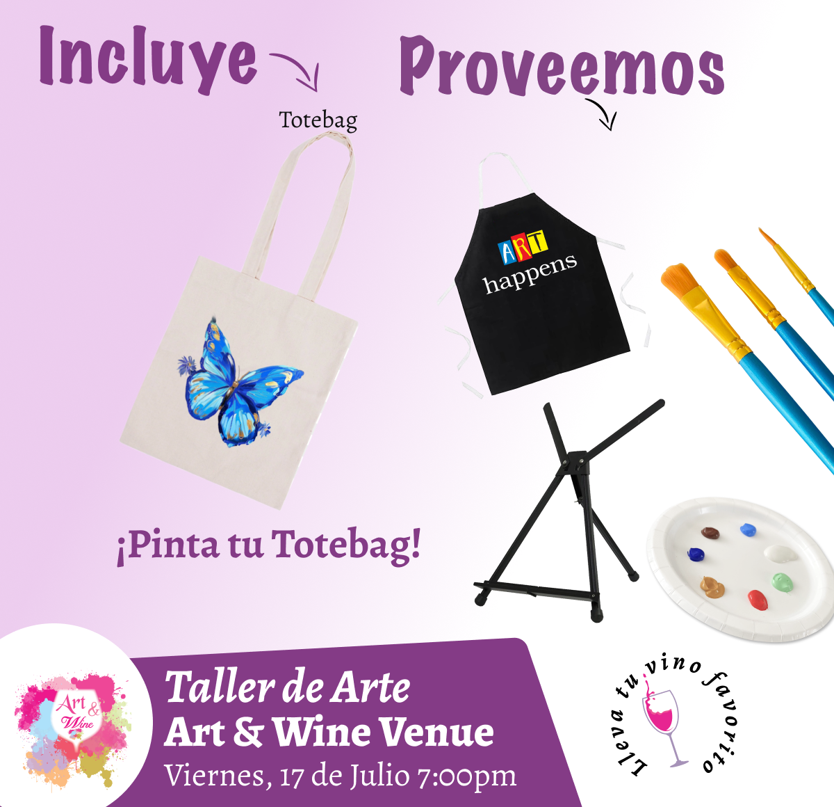 🎨¡Pinta tu Tote Bag!  en Art & Wine Venue 7pm - Viernes, 17 de Julio 2026 en San Juan. ¡Lleva tu vino favorito!