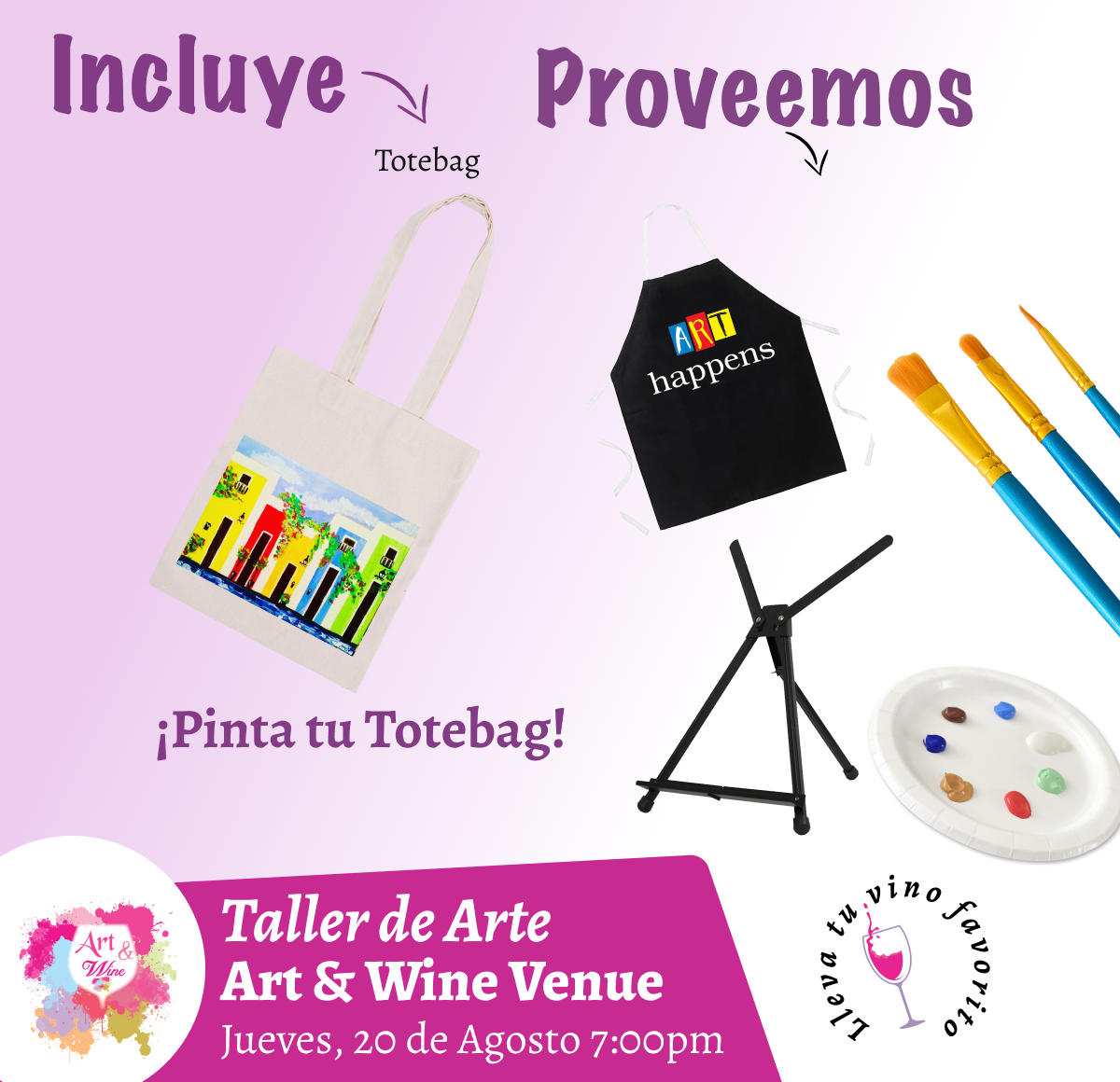 🎨¡Pinta tu Tote Bag!  en Art & Wine Venue 7pm - Jueves, 20 de Agosto 2026 en San Juan. ¡Lleva tu vino favorito!