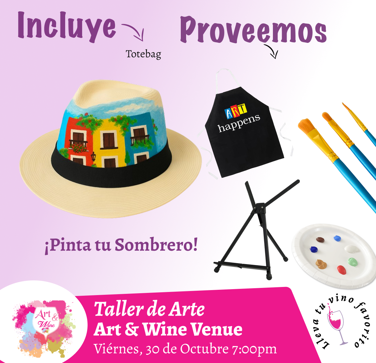 🎨¡Pinta tu sombrero! en Art & Wine Venue 7pm - Viernes, 30 de Octubre 2026 en San Juan. ¡Lleva tu vino favorito!