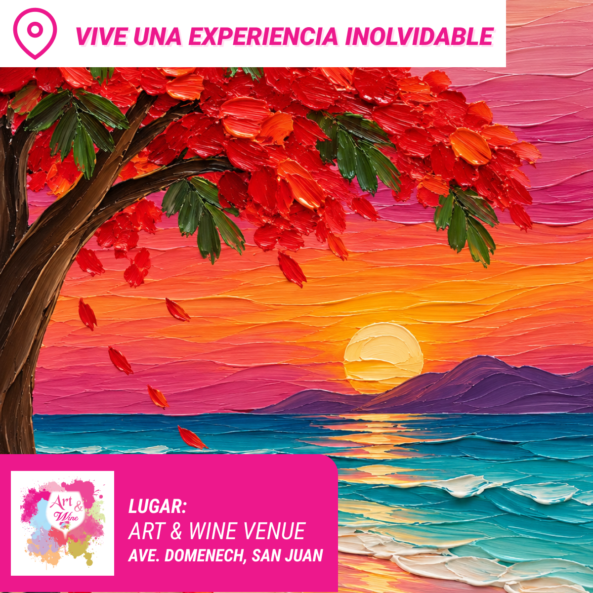 🎨¡Bring a Friend! Compra una taquilla y lleva otra gratis 🤩 - Taller de Arte en Art & Wine Venue - ✨Jueves, 03 de Diciembre en San Juan. ¡Lleva tu vino favorito!