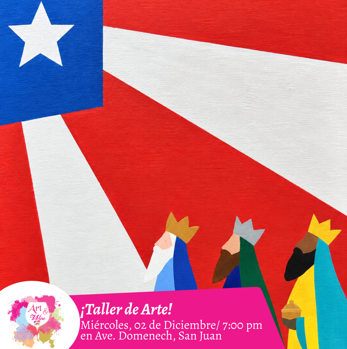 🎨¡Taller de arte en Art & Wine Venue 7pm - Miércoles, 02 de Diciembre 2026 en San Juan. ¡Lleva tu vino favorito!