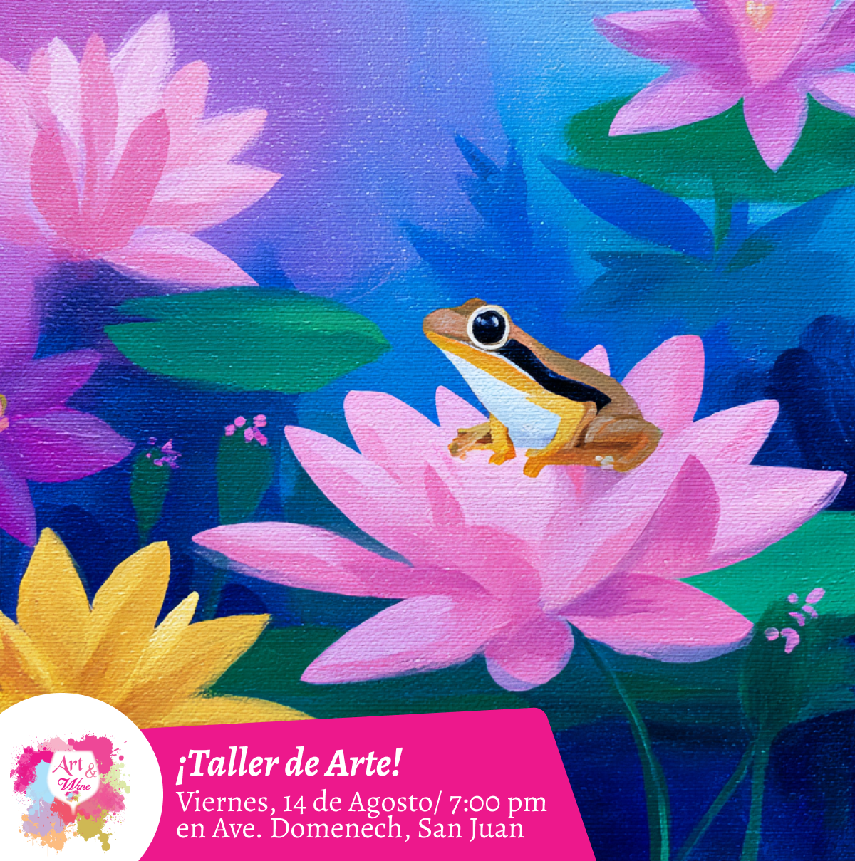 🎨¡Taller de arte en Art & Wine Venue 7pm - Viernes, 14 de Agosto 2026 en San Juan. ¡Lleva tu vino favorito!