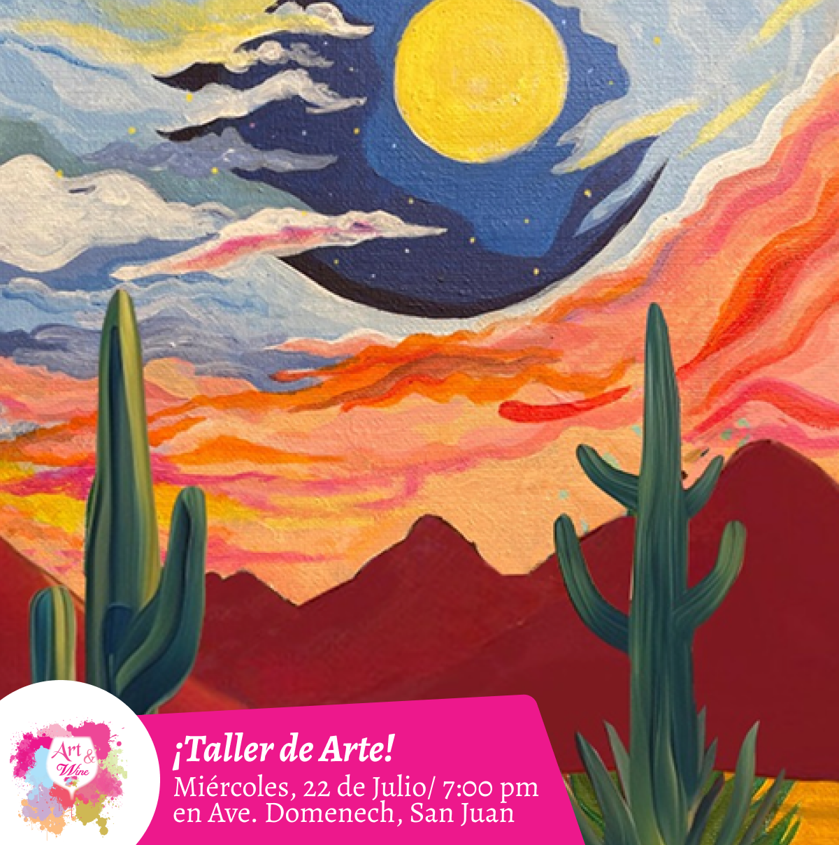 🎨¡Taller de arte en Art & Wine Venue 7pm - Miércoles, 22 de Julio 2026 en San Juan. ¡Lleva tu vino favorito!