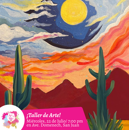 🎨¡Taller de arte en Art & Wine Venue 7pm - Miércoles, 22 de Julio 2026 en San Juan. ¡Lleva tu vino favorito!