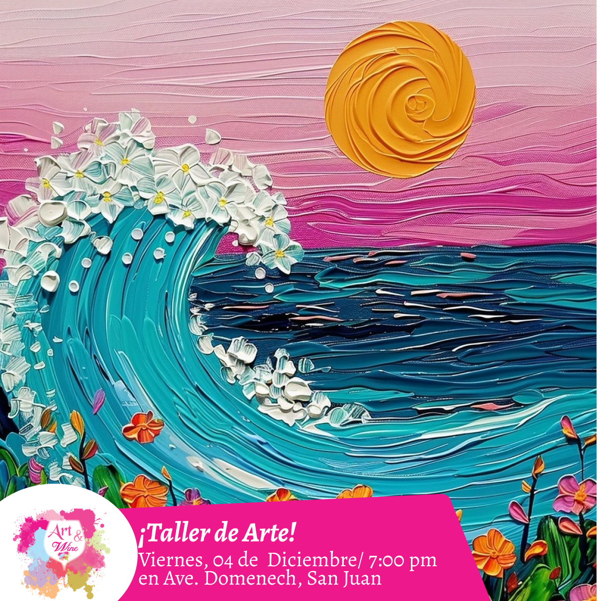 🎨¡Taller de arte en Art & Wine Venue 7pm - Viernes, 04 de Diciembre 2026 en San Juan. ¡Lleva tu vino favorito!