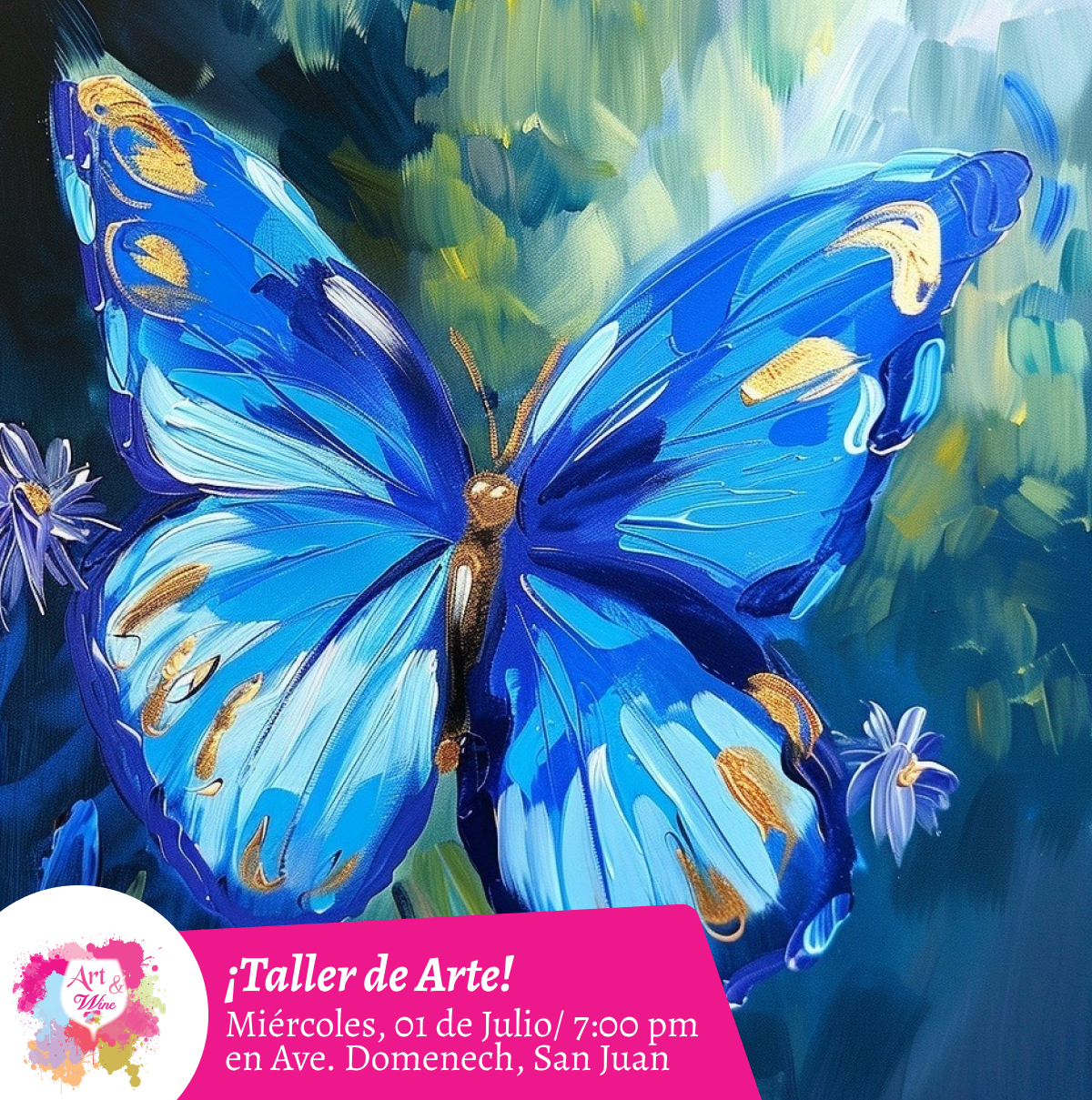🎨¡Taller de arte en Art & Wine Venue 7pm - Miércoles, 1 de Julio 2026 en San Juan. ¡Lleva tu vino favorito!