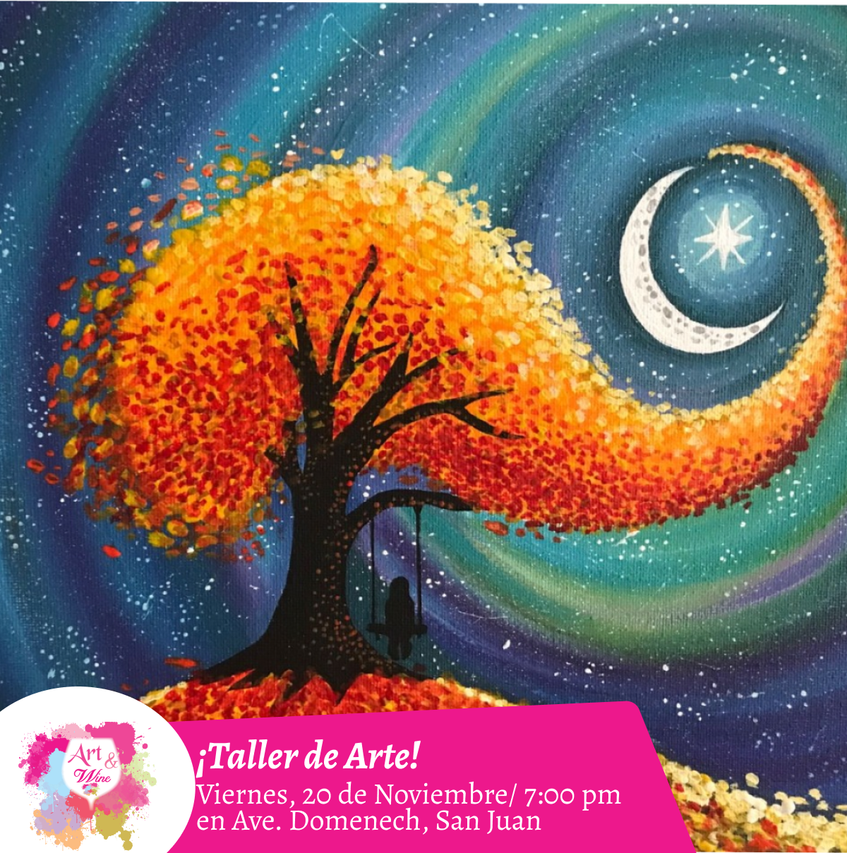 🎨¡Taller de arte en Art & Wine Venue 7pm - Viernes, 20 de Noviembre 2026 en San Juan. ¡Lleva tu vino favorito!
