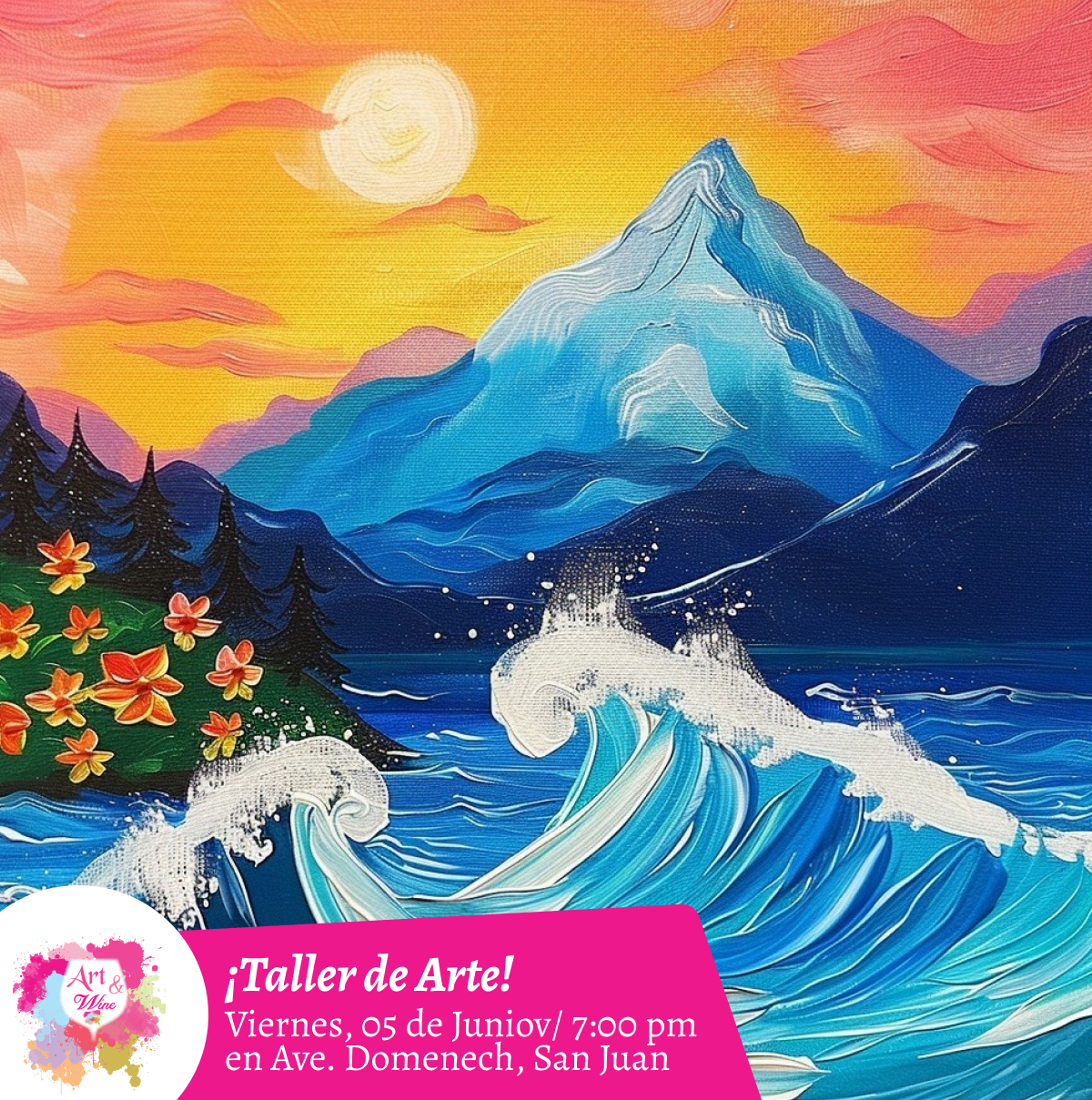 🎨¡Taller de arte en Art & Wine Venue 7pm - Viernes, 5 de Junio 2026 en San Juan. ¡Lleva tu vino favorito!
