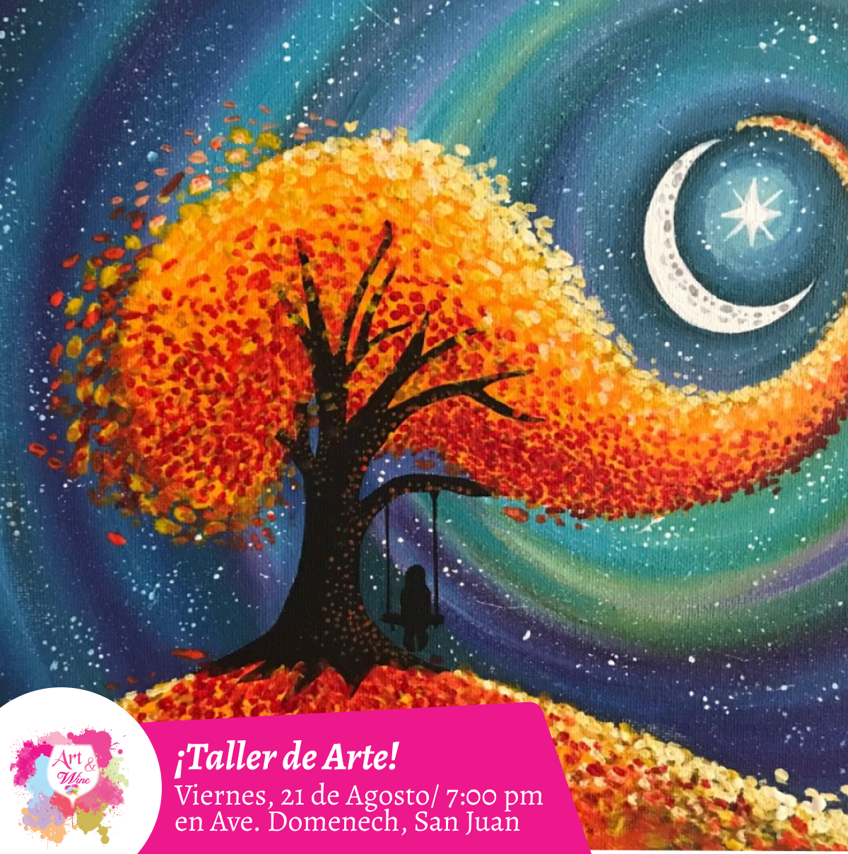 🎨¡Taller de arte en Art & Wine Venue 7pm - Viernes, 21 de Agosto 2026 en San Juan. ¡Lleva tu vino favorito!