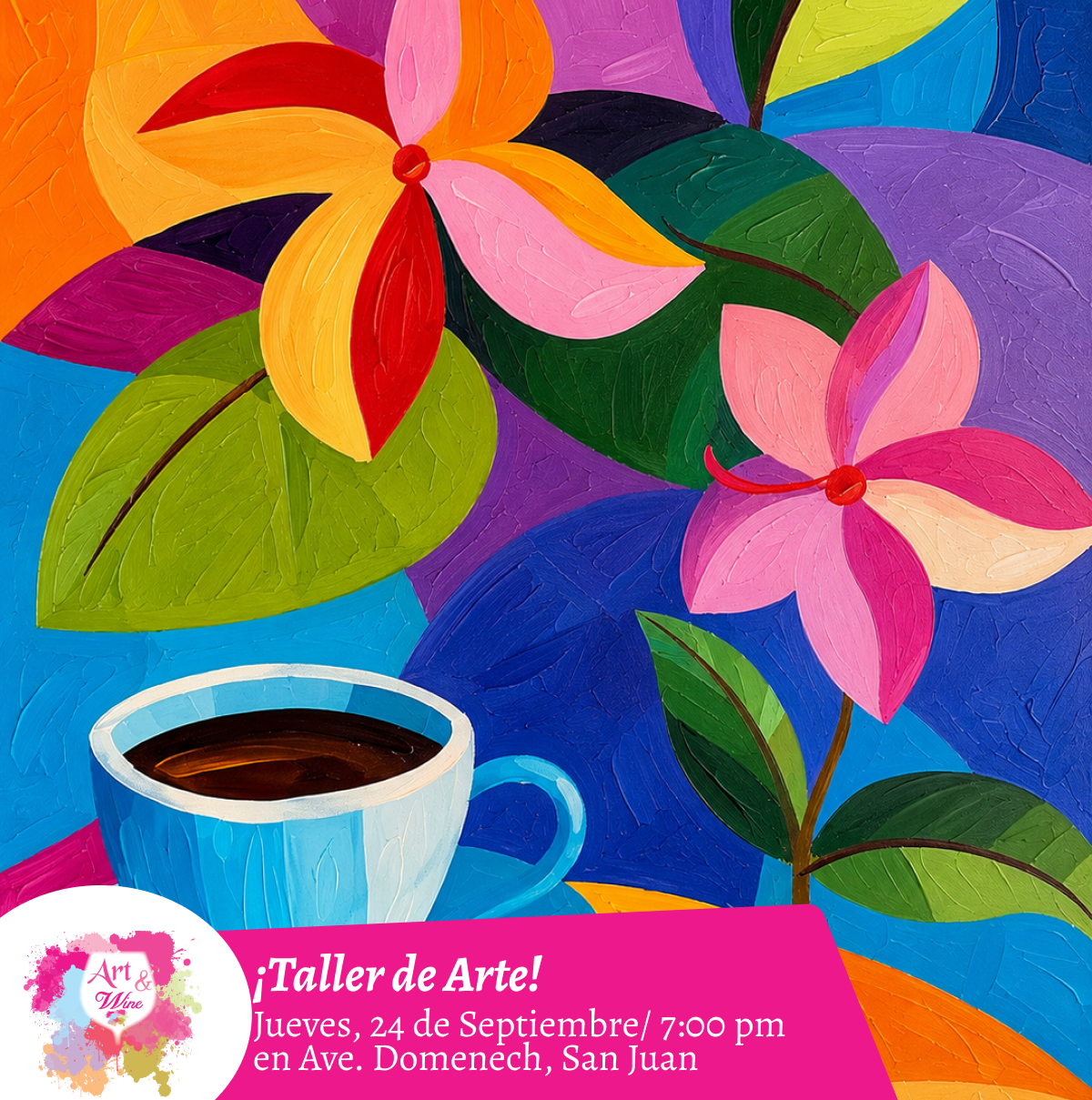 🎨¡Bring a Friend! Compra una taquilla y lleva otra gratis 🤩 - Taller de Arte en Art & Wine Venue - ✨Jueves, 24 de Septiembre en San Juan. ¡Lleva tu vino favorito!