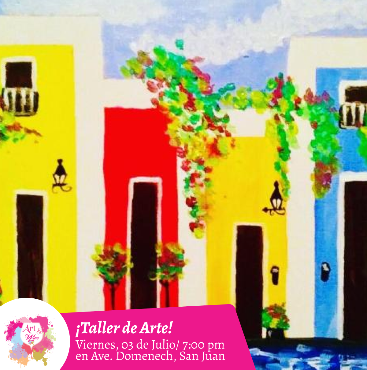 🎨¡Taller de arte en Art & Wine Venue 7pm - Viernes, 3 de Julio 2026 en San Juan. ¡Lleva tu vino favorito!