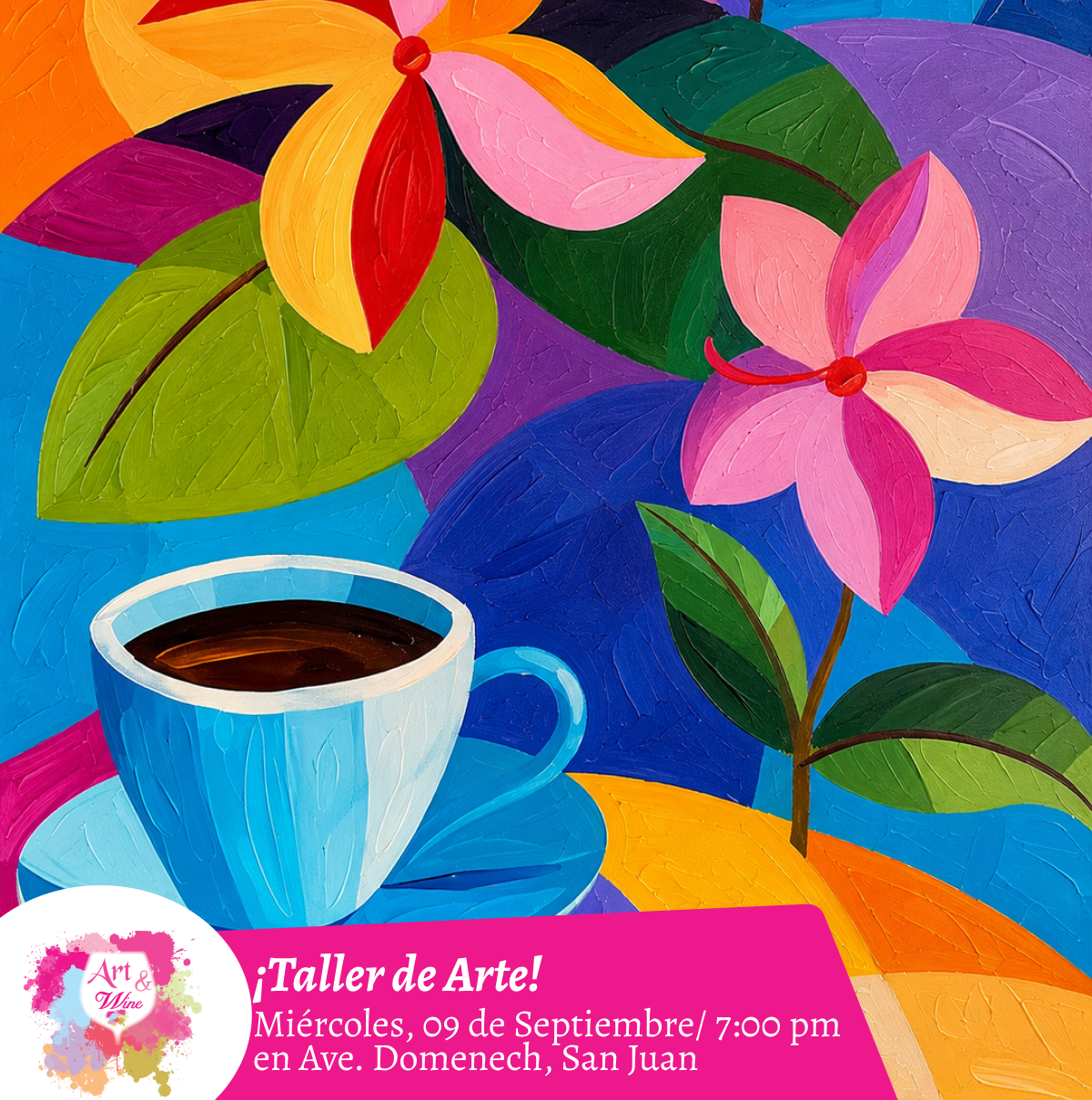 🎨¡Taller de arte en Art & Wine Venue 7pm - Miércoles, 09 de Septiembre 2026 en San Juan. ¡Lleva tu vino favorito!