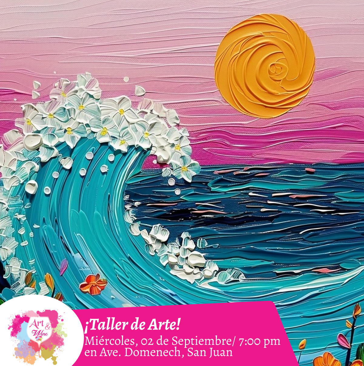 🎨¡Taller de arte en Art & Wine Venue 7pm - Miércoles, 2 de Septiembre 2026 en San Juan. ¡Lleva tu vino favorito!
