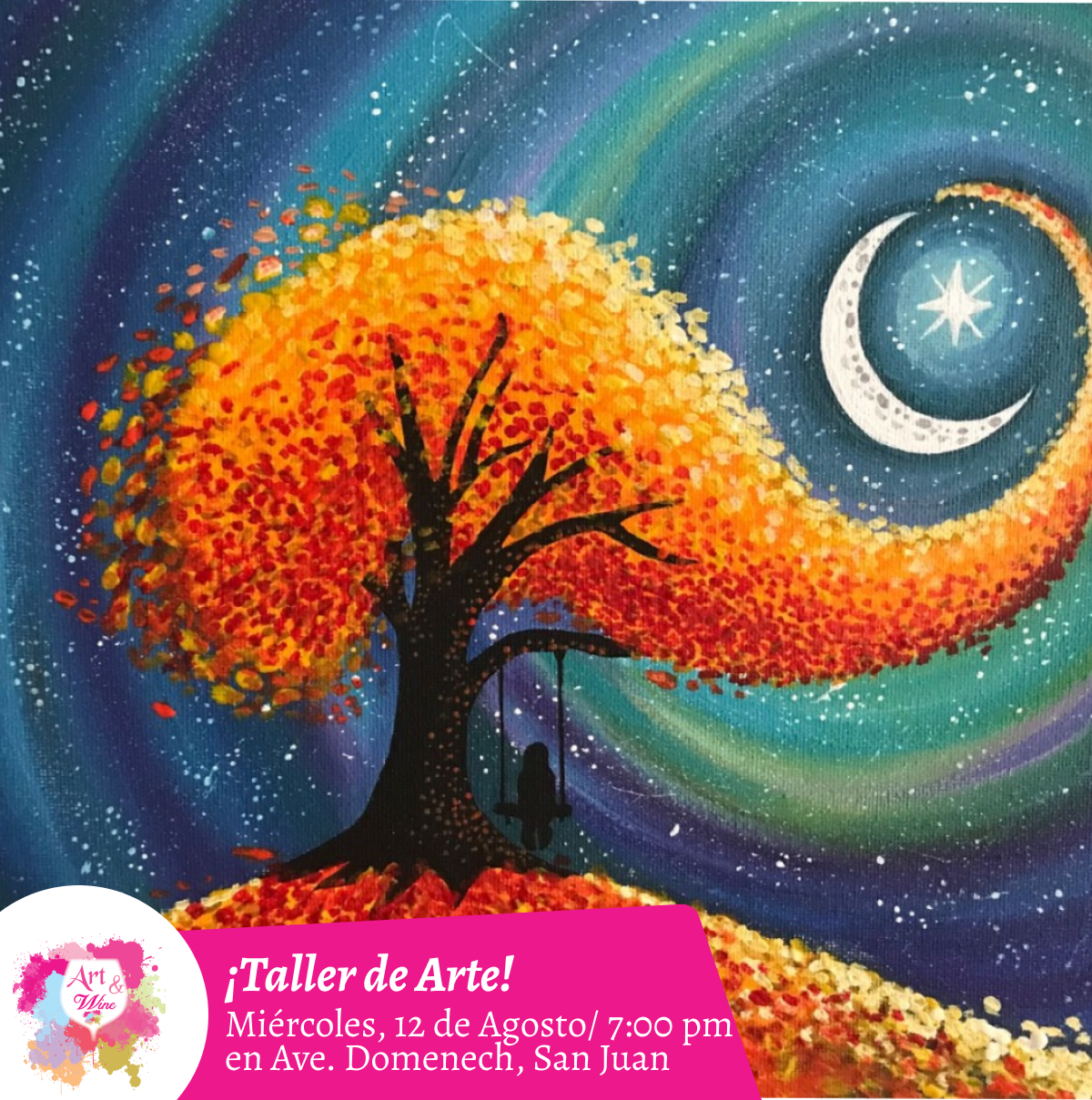 🎨¡Taller de arte en Art & Wine Venue 7pm - Miércoles, 12 de Agosto 2026 en San Juan. ¡Lleva tu vino favorito!