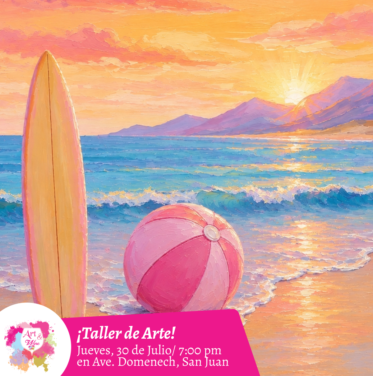 🎨¡Taller de arte en Art & Wine Venue 7pm - Jueves, 30 de Julio 2026 en San Juan. ¡Lleva tu vino favorito!