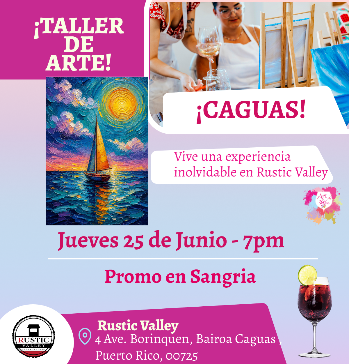 🎨¡ Nuevo Taller de arte en Rustic Valley - Caguas - 7pm - Jueves, 25 de Junio