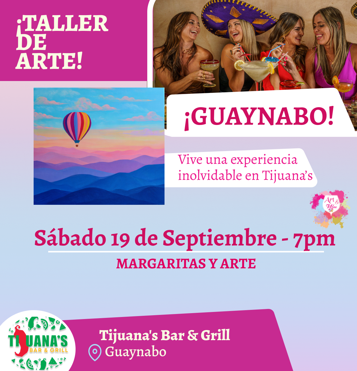 🎨¡Taller en Guaynabo! ✨Tijuana's Bar & Grill ✨ Las mejores margaritas 🍹  - 7pm- Sábado, 19 de Septiembre 2026