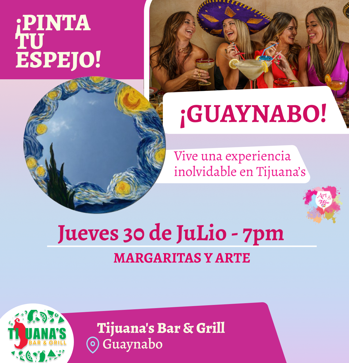 🎨¡Pinta tu espejo en Guaynabo! ✨Tijuana's Bar & Grill ✨ Las mejores margaritas 🍹  - 7pm- Jueves, 30 de Julio 2026