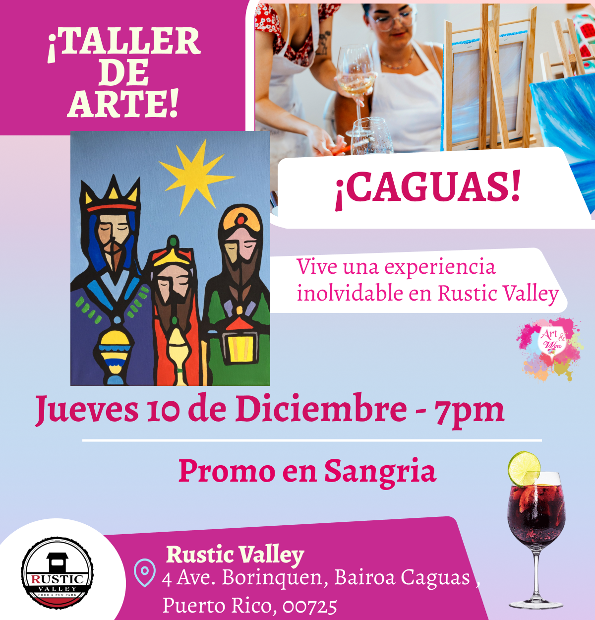 🎨¡Taller de arte en Rustic Valley - Caguas - 7pm - Jueves, 10 de Diciembre 2026