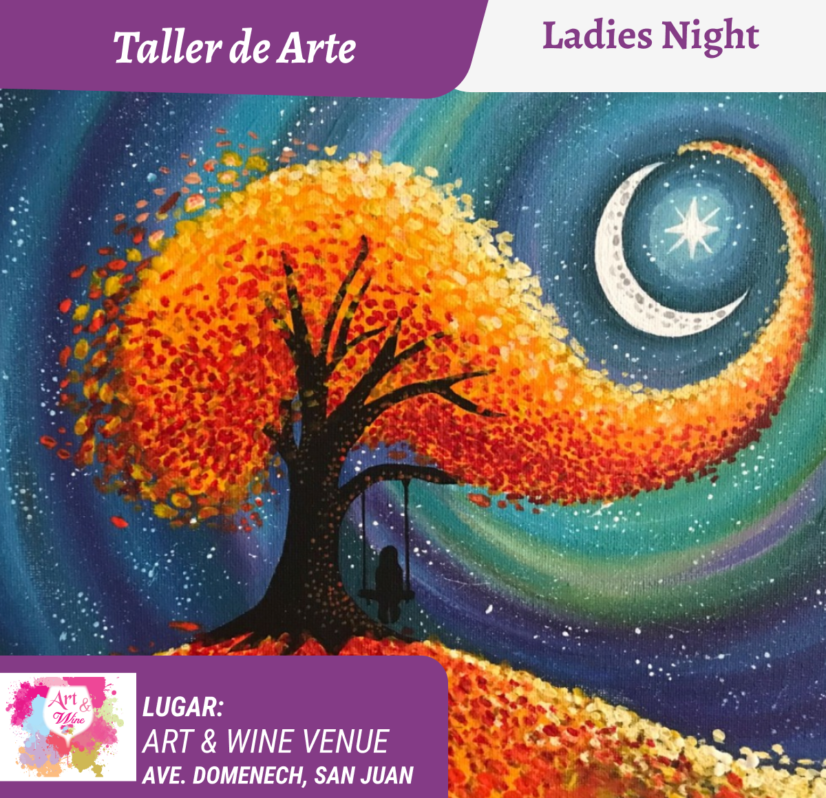 Ladies Night 💜 Art & Wine Venue 7pm- Miércoles, 28 de Octubre en San Juan. ¡Lleva tu vino favorito!