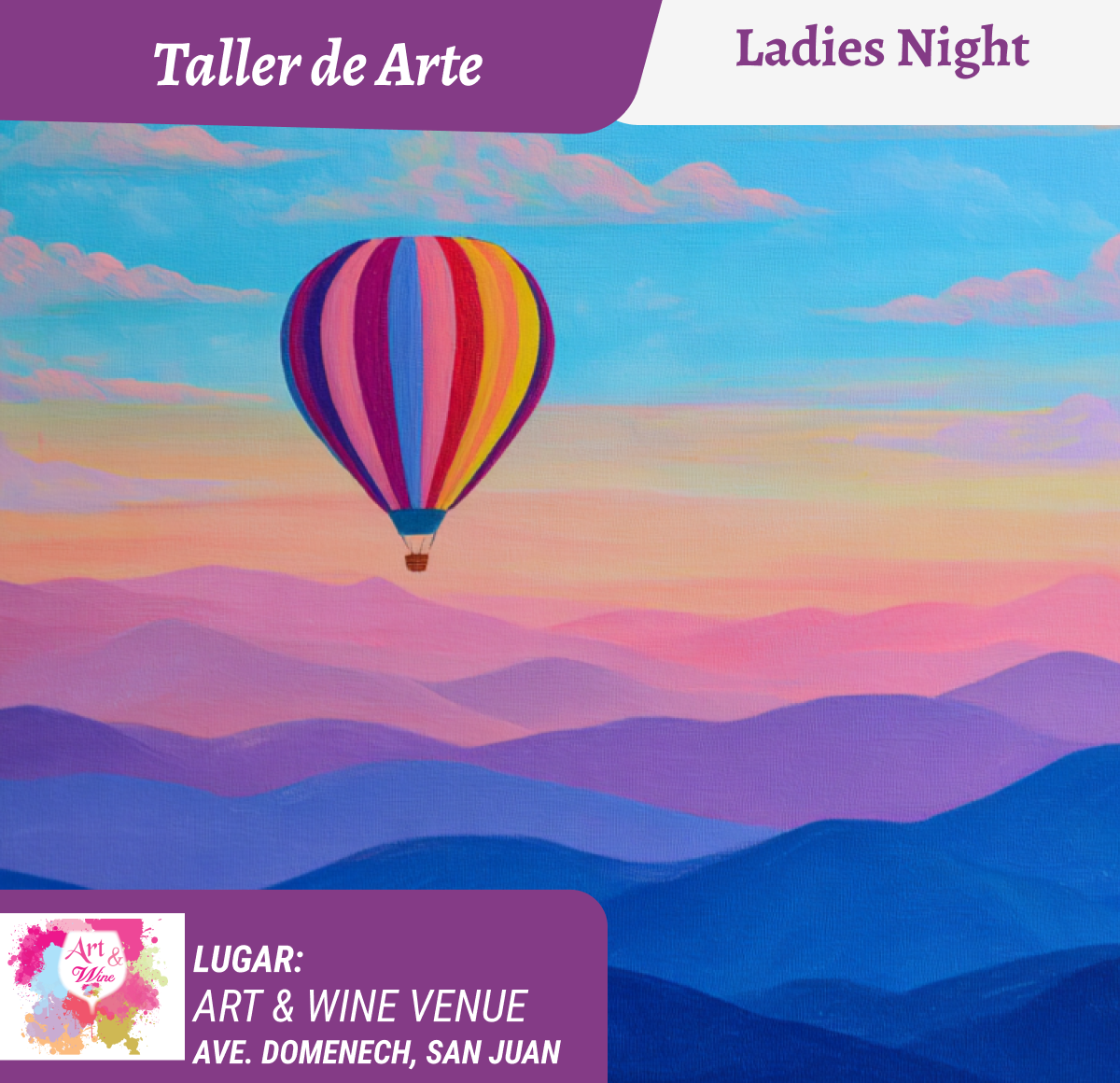 Ladies Night 💜 Art & Wine Venue 7pm- Viernes, 23 de Octubre en San Juan. ¡Lleva tu vino favorito!