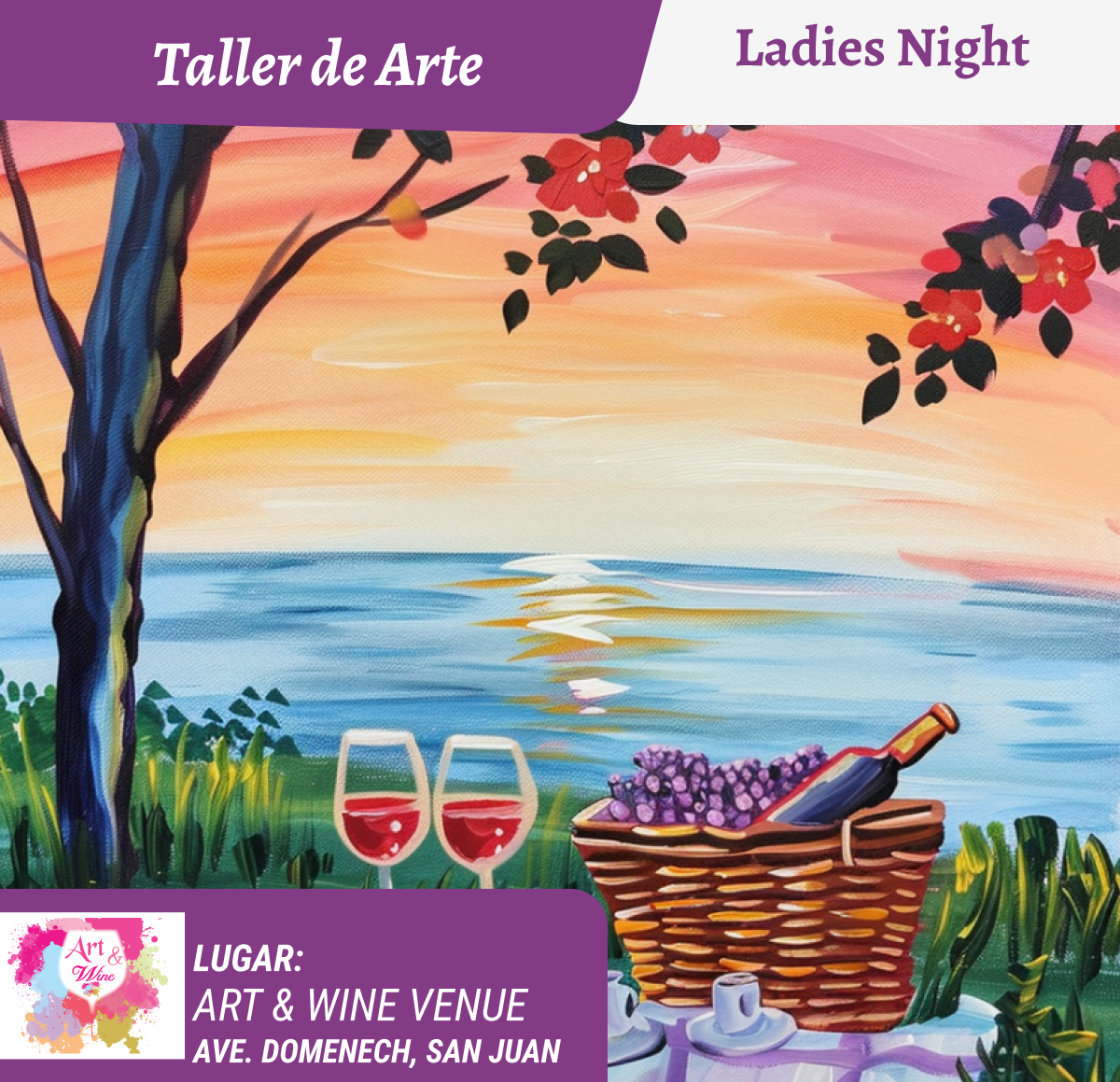 Ladies Night 💜 Art & Wine Venue 7pm- Miércoles, 10 de Junio en San Juan. ¡Lleva tu vino favorito!